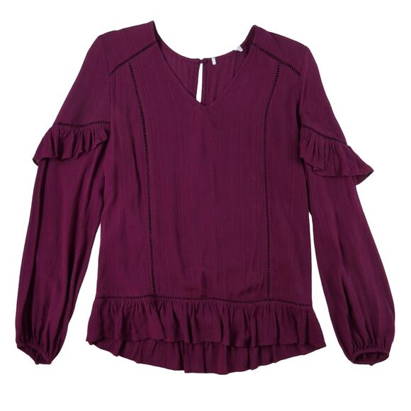 Anthropologie Ro & De Maroon Purple Ruffle Sleeve Blouse Medium - Picture 9 of 11